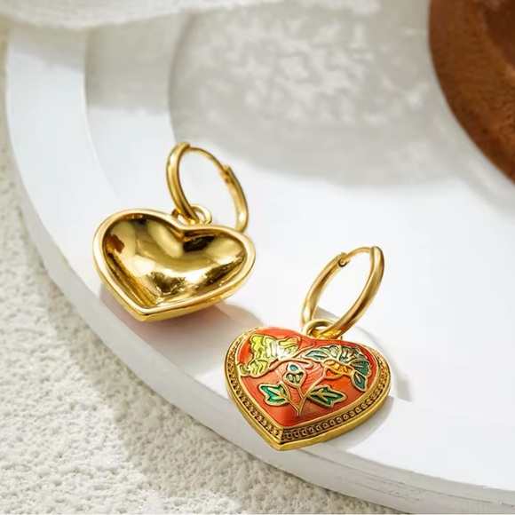 Vintage Ethnic Red Enamel 18K Gold Stainless Steel Gold Heart Earrings - Picture 8 of 8
